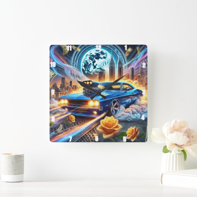 Vibrant Blue Muscle Car With City Backdrop Square Wall Clock (Home)