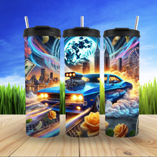 Vibrant Blue Muscle Car With City Backdrop Thermal Tumbler