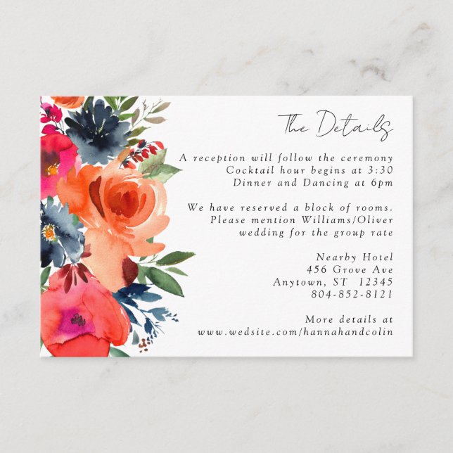 Vibrant Blue Orange Red Botanical Enclosure Card (Front)