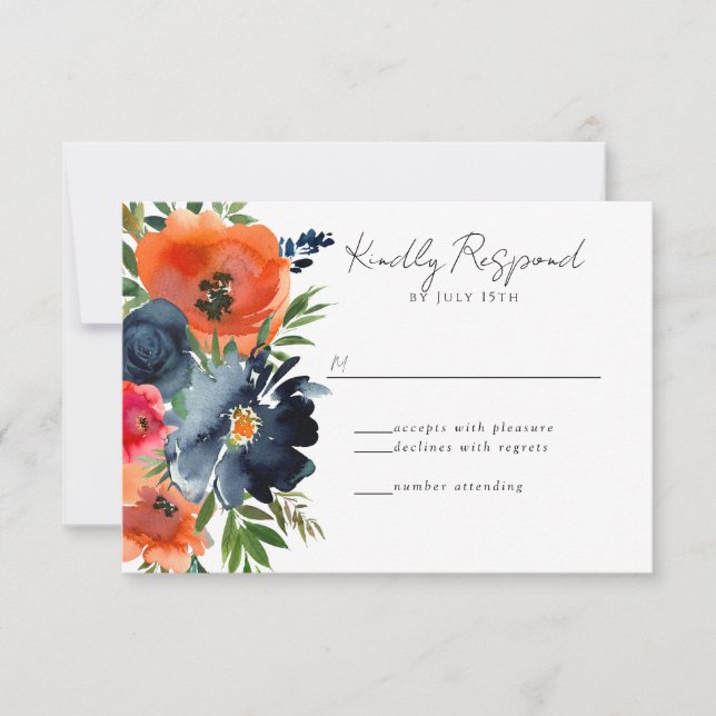 Vibrant Blue Orange Red Botanical RSVP Card (Front)