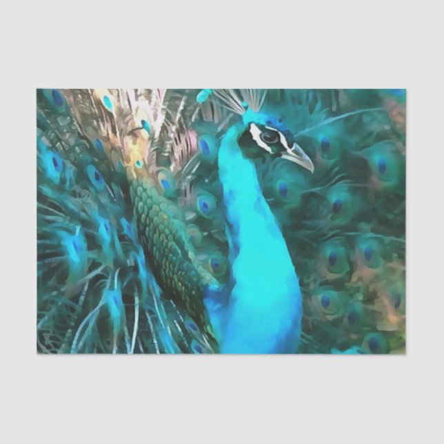 Vibrant Blue Peacock In With Fanned Tail Tissue Paper (Front)