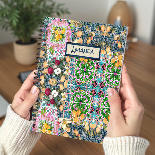 Vibrant Blue Pink Sicilian Majolica Floral Tile Ar Notebook