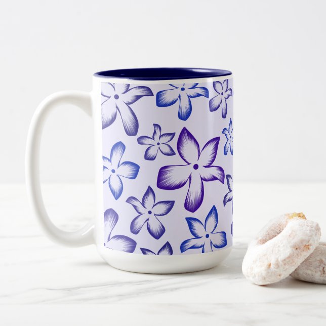 Vibrant Blue Purple Gradient Flower Two-Tone Coffee Mug (With Donut)