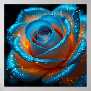 Vibrant Blue Rose with Dewdrops in Contrasting Lig Poster