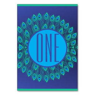VIBRANT BLUE & TEAL PEACOCK FEATHER PATTERN TABLE NUMBER