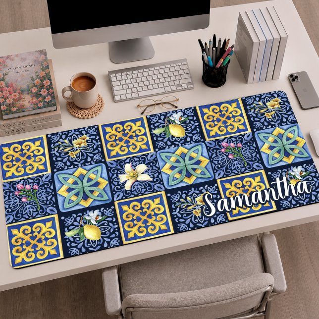 Vibrant Blue Teal Sicilian Citrus Tile Pattern Desk Mat (Creator Uploaded)
