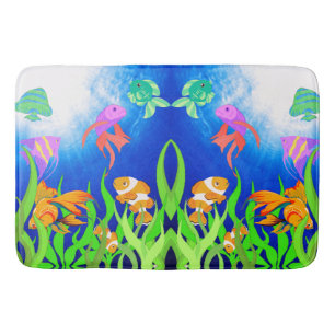 Vibrant Blue Underwater Marine Fishes Bath Mat