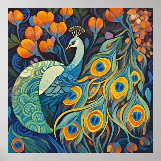 Vibrant Blue water colour Peacock Poster (Front)