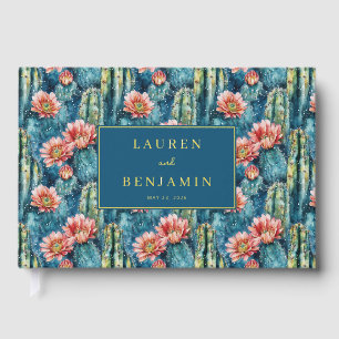 Vibrant Blue Watercolor Cacti Pattern Guest Book