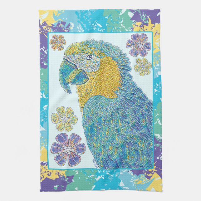 Vibrant Blue Yellow Macaw Floral Illustration Tea Towel (Vertical)