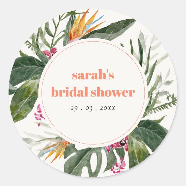 Vibrant Blush Boho Tropical Floral Bridal Shower Classic Round Sticker (Front)