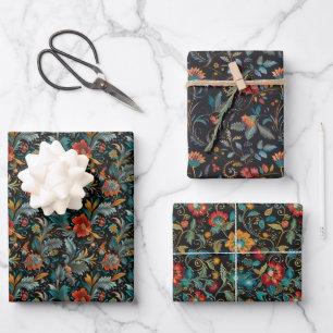 Vibrant Bohemian Floral and Leaf Pattern on Black Wrapping Paper Sheet