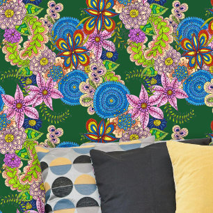 Vibrant Bohemian Folk Art Hand-Drawn Floral Wallpaper