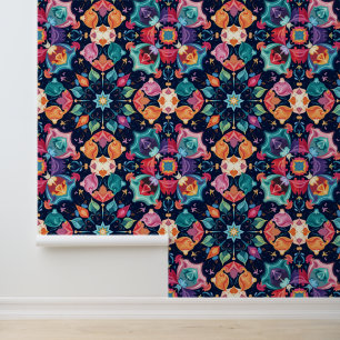 Vibrant Bohemian Mandala Colourful Floral Folk Art Wallpaper