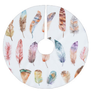 Vibrant Boho Feathers: Watercolor Illustration Brushed Polyester Tree Skirt