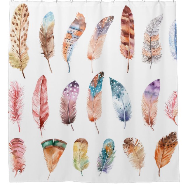 Vibrant Boho Feathers: Watercolor Illustration Shower Curtain (Front)