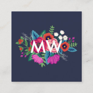 Vibrant Boho Floral Bouquet Monogram Square Business Card