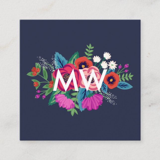 Vibrant Boho Floral Bouquet Monogram Square Business Card (Front)