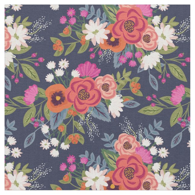 Vibrant Boho Floral Bouquets Pattern Fabric (Close Up)