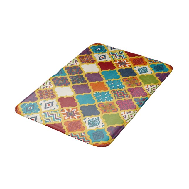 Vibrant Boho Geometric Patchwork Tile Pattern Bath Mat (Angled)