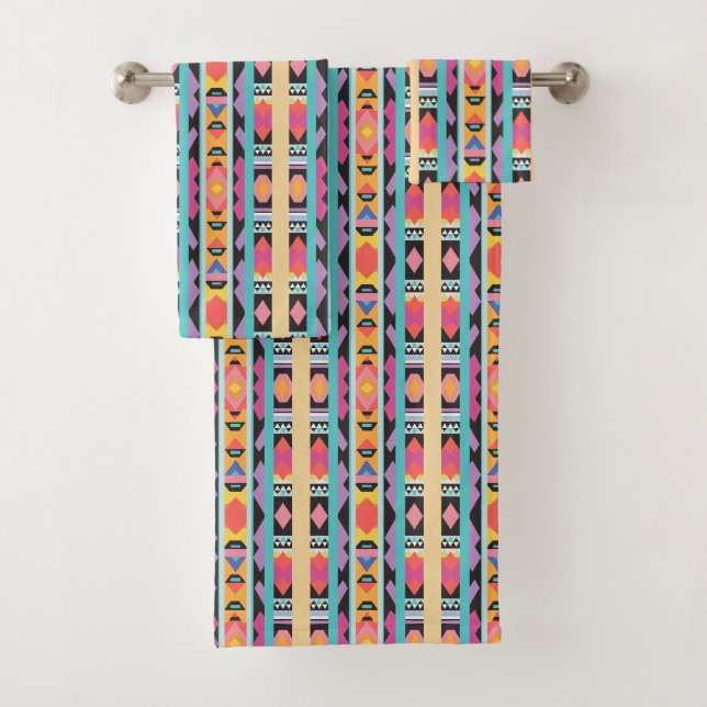 Vibrant Boho Geometric Pattern mix Bath Towel Set (Insitu)