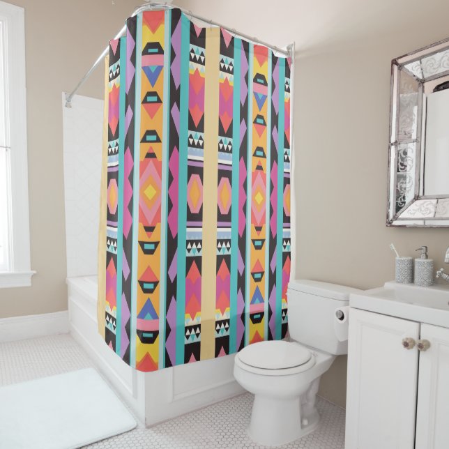 Vibrant Boho Geometric Pattern mix Shower Curtain (In Situ)