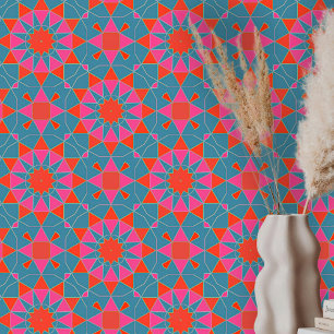 Vibrant Boho Moroccan Geometric Teal Pink Blue Wallpaper