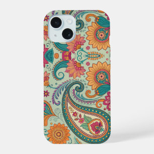 Vibrant Boho Paisley light green Floral Pattern iPhone 15 Case