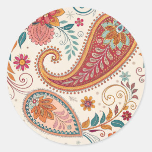 Vibrant Boho Paisley white Floral Pattern  Classic Round Sticker