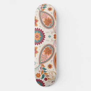 Vibrant Boho Paisley white Floral Pattern Skateboard