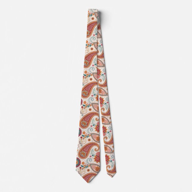 Vibrant Boho Paisley white Floral Pattern  Tie (Front)