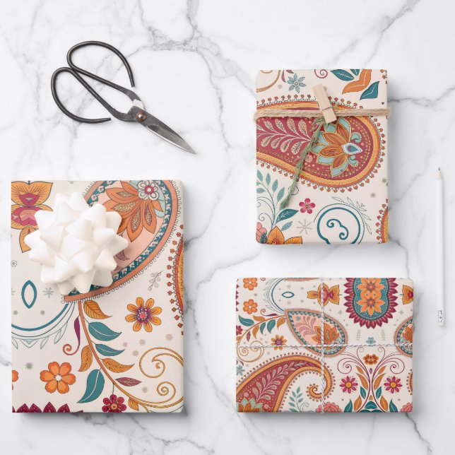 Vibrant Boho Paisley white Floral Pattern  Wrapping Paper Sheet (Front)