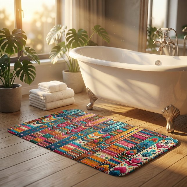Vibrant Boho Stripes: Eclectic Textile Art Bath Mat (Creator Uploaded)
