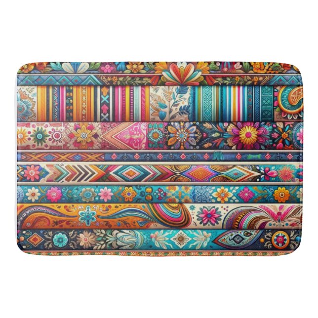 Vibrant Boho Stripes: Eclectic Textile Art Bath Mat (Front)