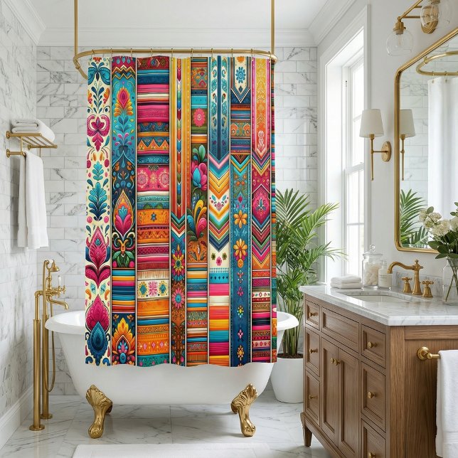Vibrant Boho Stripes: Eclectic Textile Art Shower Curtain (Creator Uploaded)