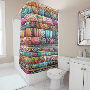 Vibrant Boho Stripes: Eclectic Textile Art Shower Curtain