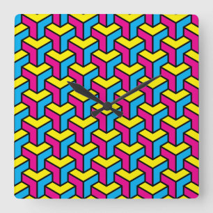 Vibrant Bold CMYK Geometric Optical Illusion Block Square Wall Clock