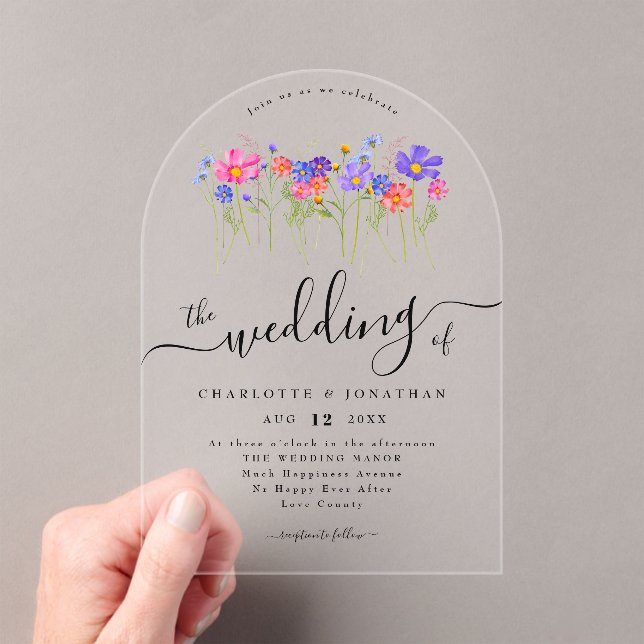 Vibrant Bold Colourful Boho Wildflower Wedding Acrylic Invitations (Insitu (Handheld))