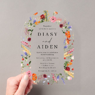 Vibrant Bold Watercolor Wildflowers Wedding Acrylic Invitations