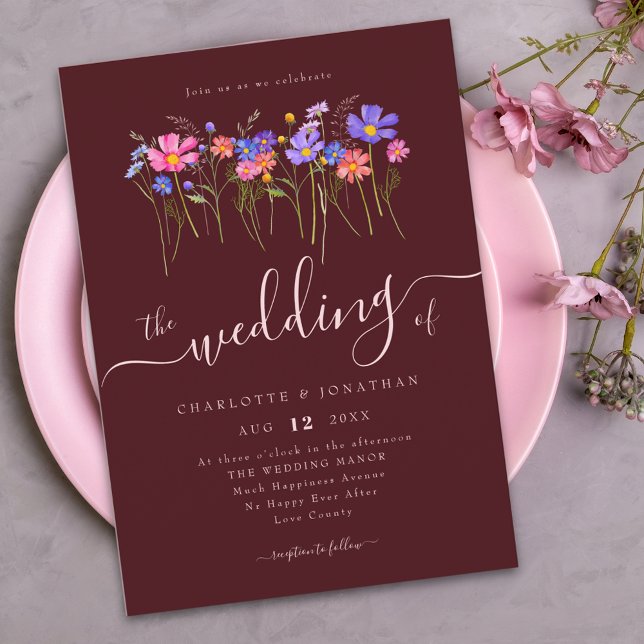 Vibrant Bold Wildflowers Burgundy Pink Wedding Invitation (Vibrant wildflower meadow boho burgundy blush pink wedding invitation Elegant whimsical script )