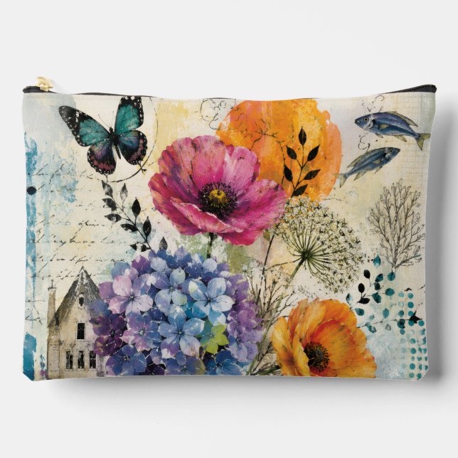 Vibrant Botanical Mixed Media Collage Art Accessory Pouch (Front)