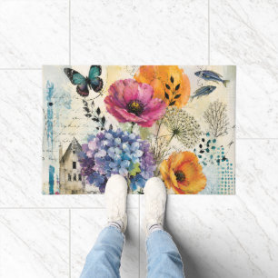 Vibrant Botanical Mixed Media Collage Art Doormat