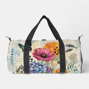 Vibrant Botanical Mixed Media Collage Art Duffle Bag
