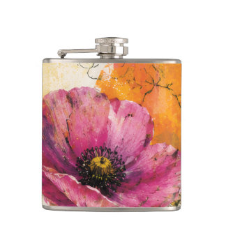 Vibrant Botanical Mixed Media Collage Art Hip Flask