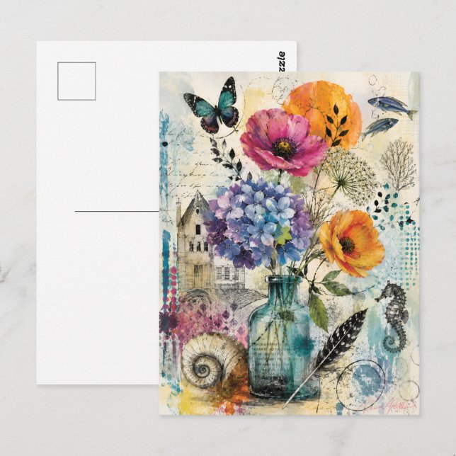 Vibrant Botanical Mixed Media Collage Art Postcard (Front/Back)