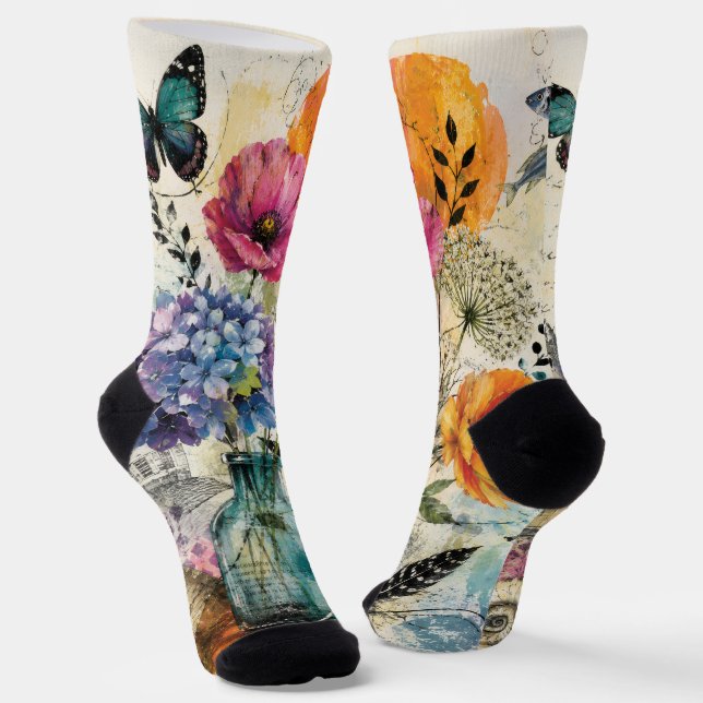 Vibrant Botanical Mixed Media Collage Art Socks (Angled)