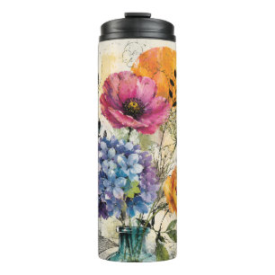 Vibrant Botanical Mixed Media Collage Art Thermal Tumbler