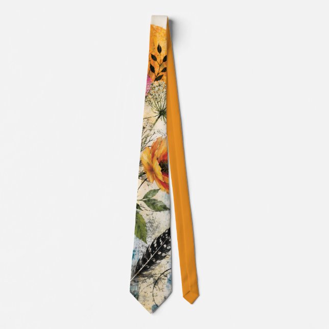 Vibrant Botanical Mixed Media Collage Art Tie (Front)