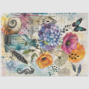 Vibrant Botanical Mixed Media Collage Art Tissue Paper