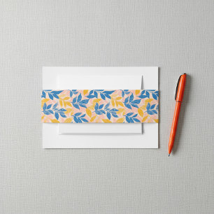 Vibrant botanical woodblock Blue and Yellow Leaf Invitation Belly Band